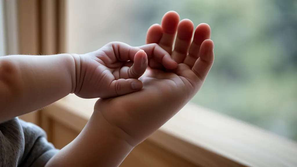 Gros plan sur la main d'un enfant en difficulté de motricité fine incapable de saisir un petit objet du quotidien
