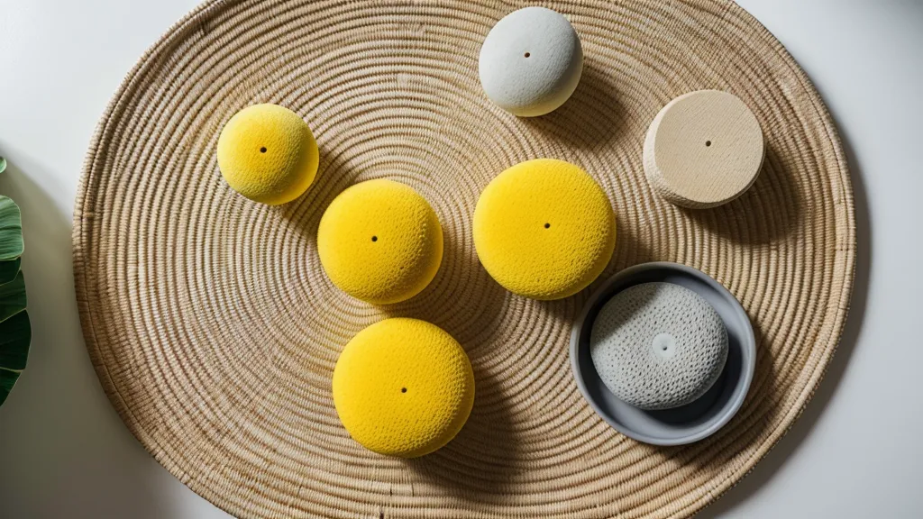 Balle de tennis, éponge et galets utilisés comme objets de manipulation sécurisés pour travailler la motricité fine sans risque d'étouffement