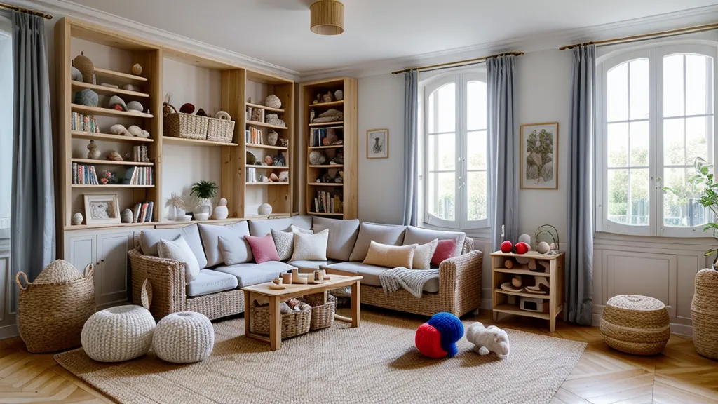 Espace de jeu épuré, tapis ferme et peu de jouets, pensé pour soutenir le développement moteur de l'enfant