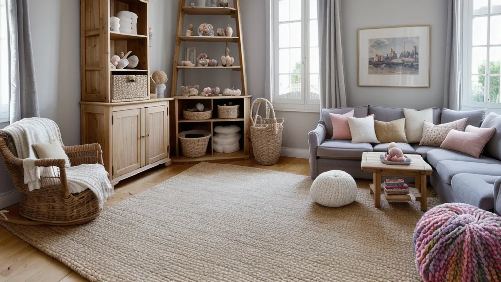 Coussins de canapé et tapis de yoga posés comme obstacles pour un parcours de motricité globale maison