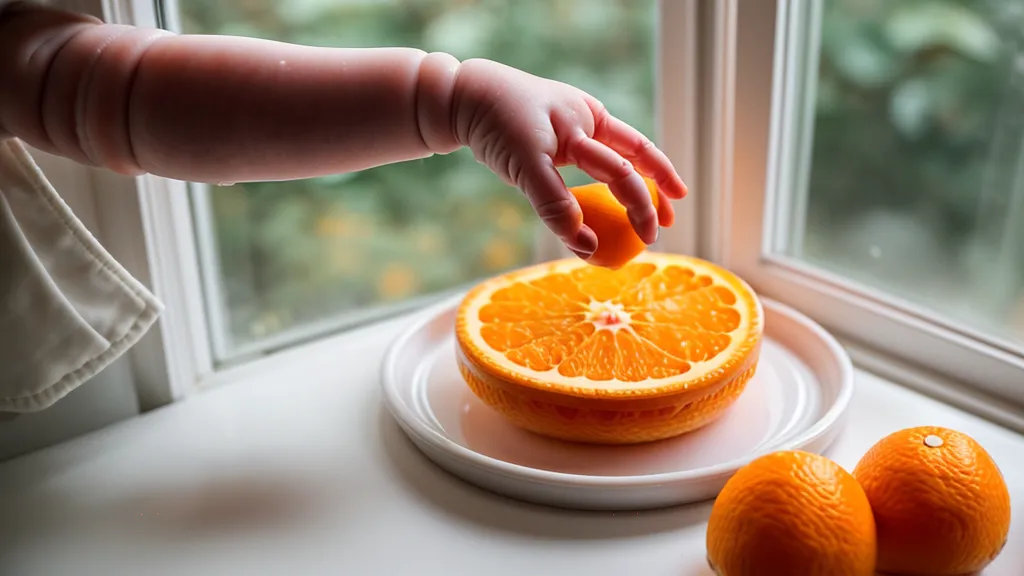 Gros plan d'une main de bébé saisissant un morceau de fruit sur un plateau propre.