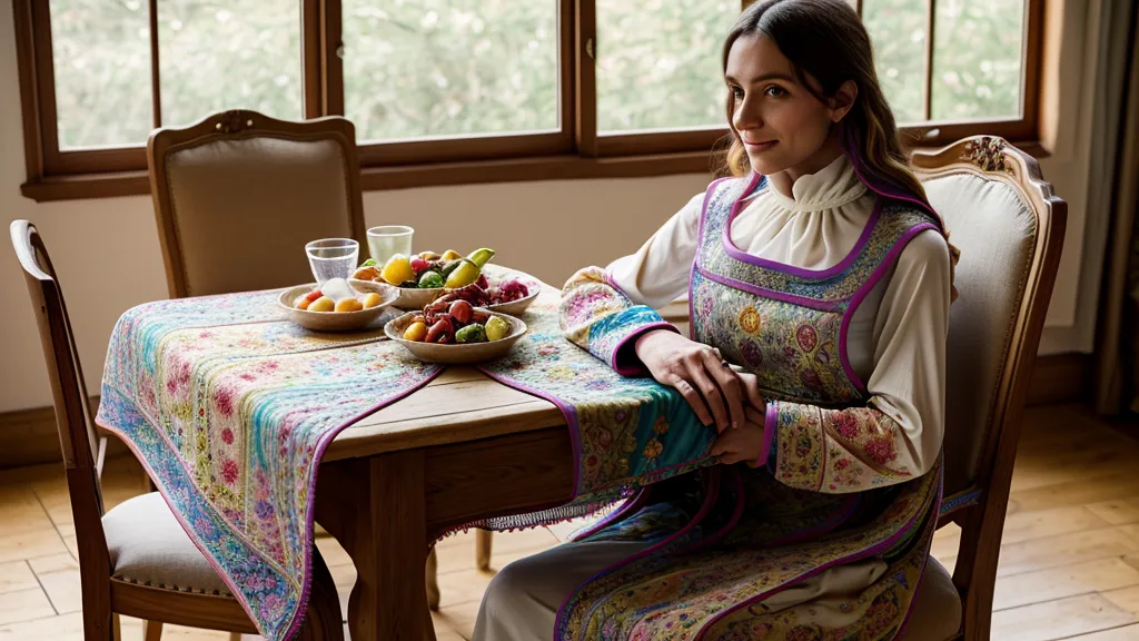 Un bavoir à manches coloré suspendu à une chaise en bois dans une salle à manger.