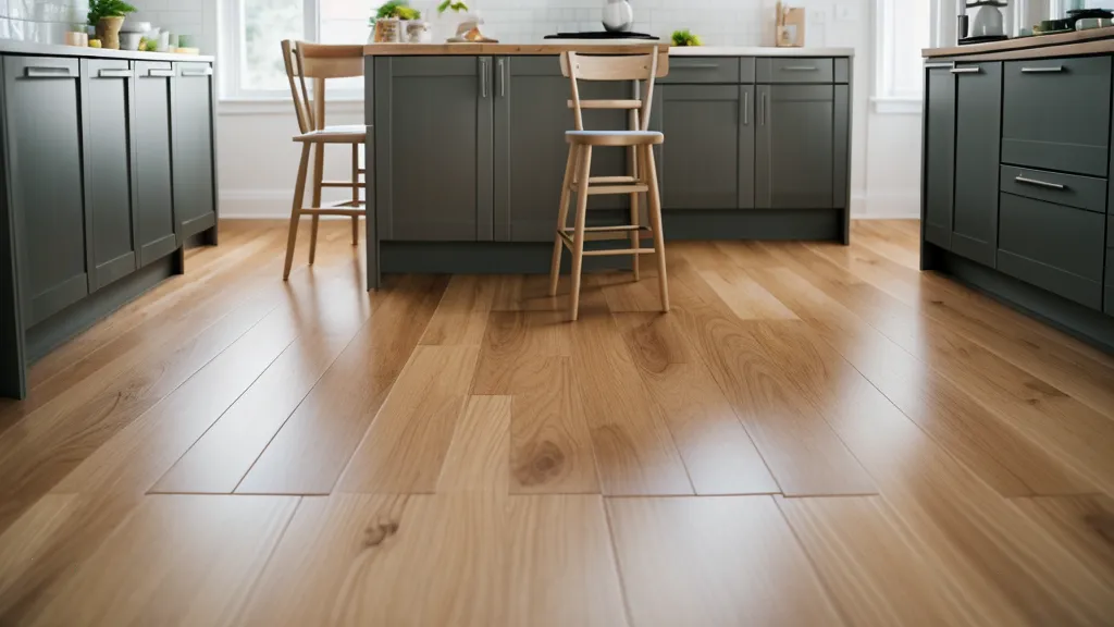 Un sol de cuisine propre avec un tapis de protection sous une chaise haute pour bébé.