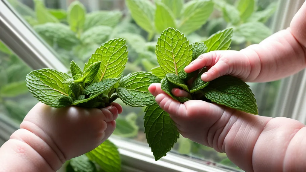 Mains d'un enfant tenant des feuilles de menthe fraîche pour l'éveil olfactif.