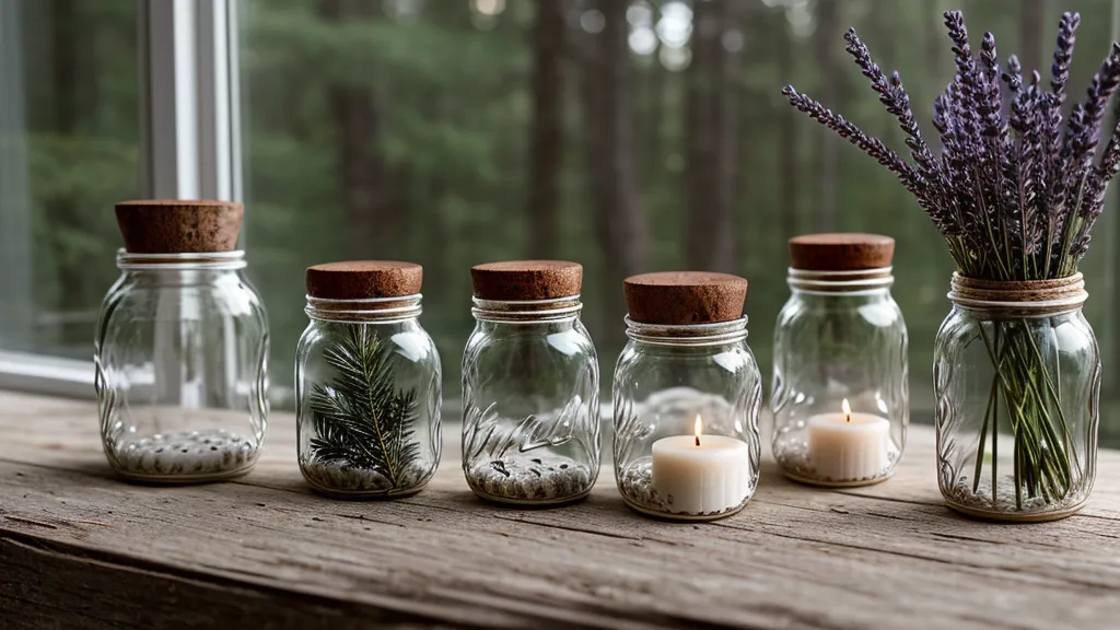 Petits bocaux en verre remplis d'éléments naturels comme de la lavande et des aiguilles de pin.