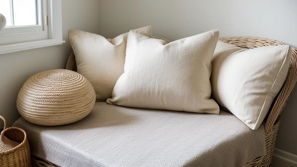 Un coin calme aménagé avec des coussins et un panier sensoriel pour bébé.